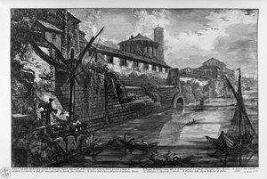 VEDUTA der antiken Sostruzioni von Tarquinio Superbo, genannt Bel Lido, oder von Marco Agrippa zu Zeiten des Augustus errichtet, als er alle Cloachen bis zum Tiber reinigen ließ. A. Ausgang der Cloaca Maxima zum selben F